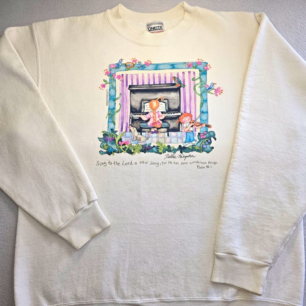 Vtg 90s Oneita Debbie Kingston Sweatshirt L Distressed Cottagecore Folk Art USA.